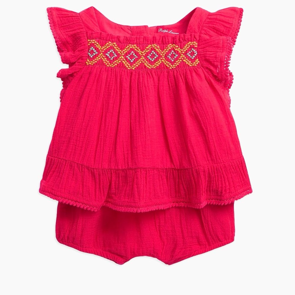 Ralph Lauren Ruffled cotton Gauze Top and Bloomer Set